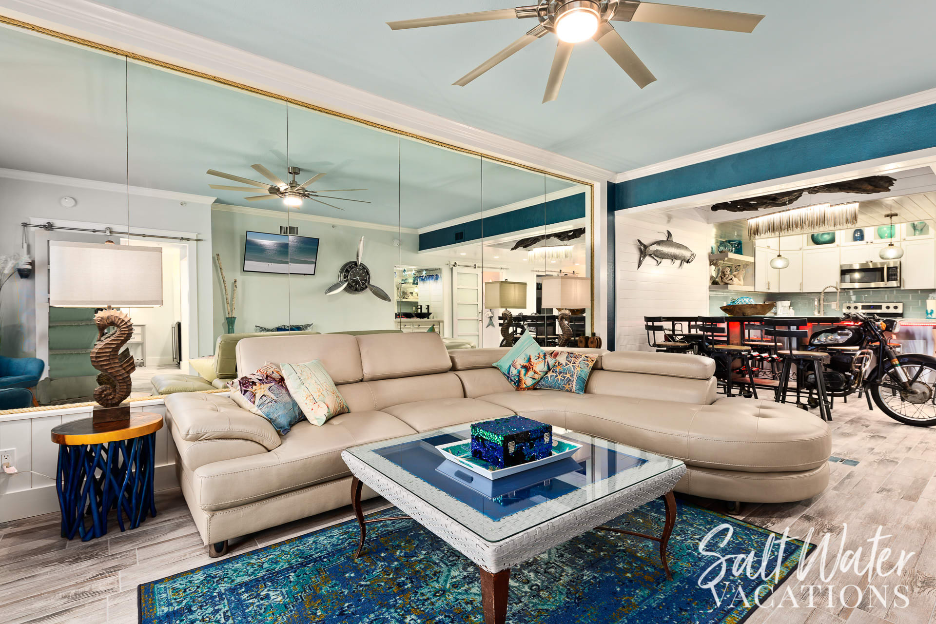 Mirrored wall accentuates entire unit 