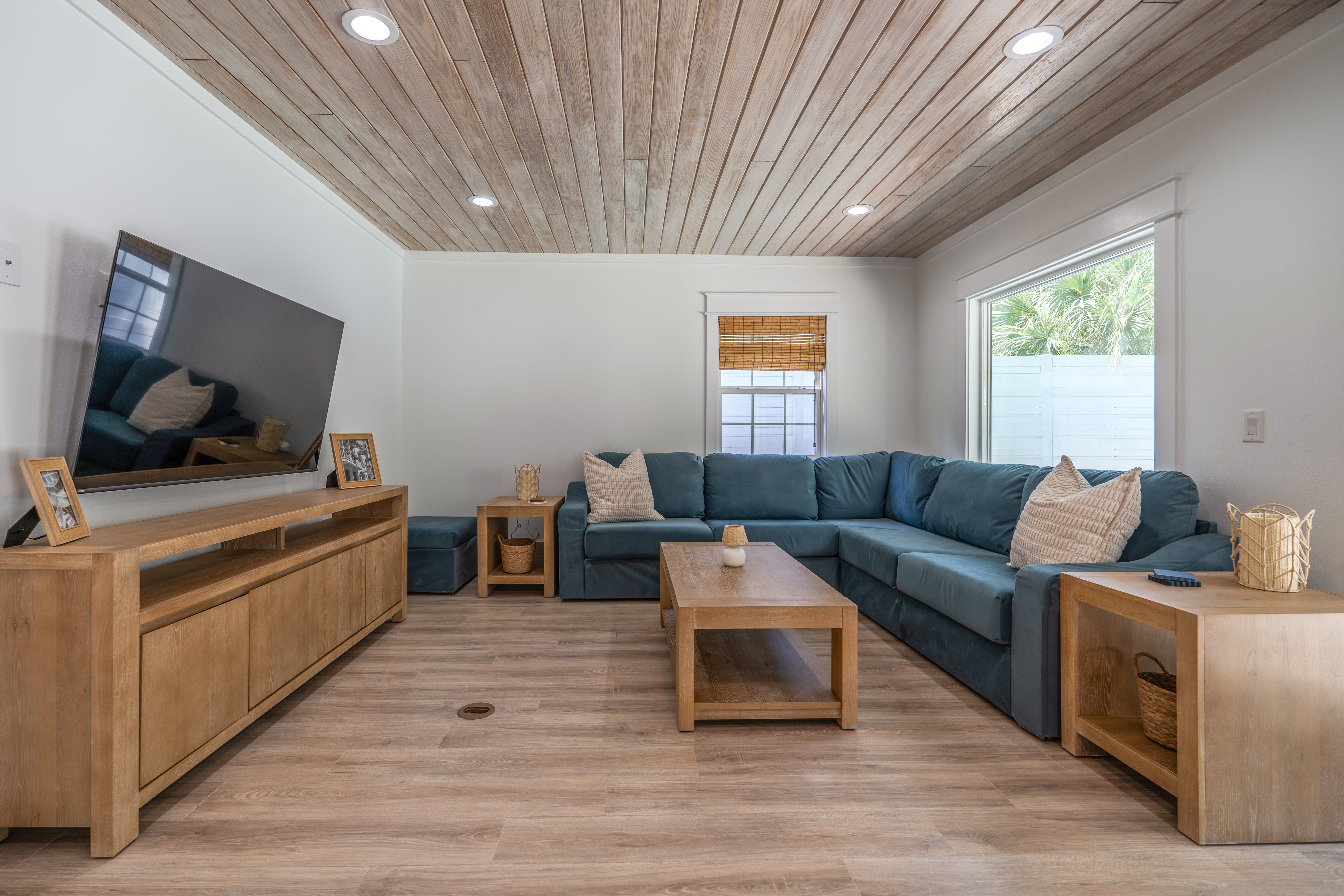 Large, comfy sectional to relax after a day in the sun.