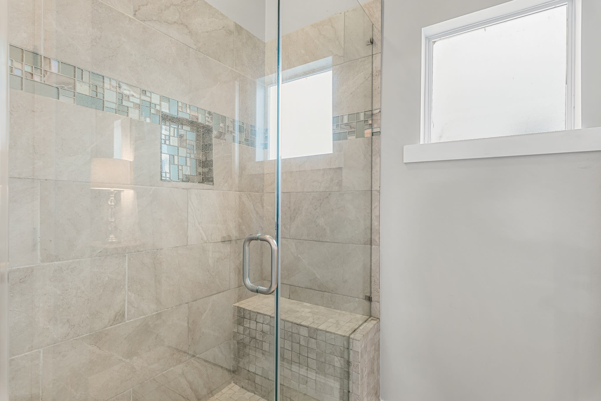 Master en suite bathroom, twin vanity and walk-in shower