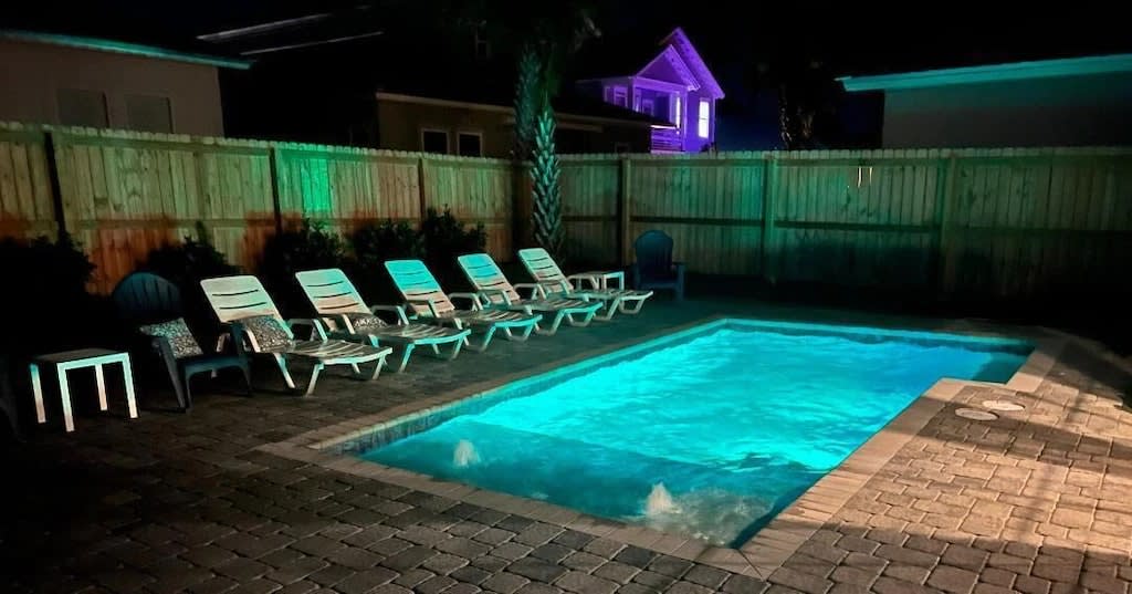 Enjoy a movie by the pool or the tranquil rippling from the pool's water features while under the starlight. 