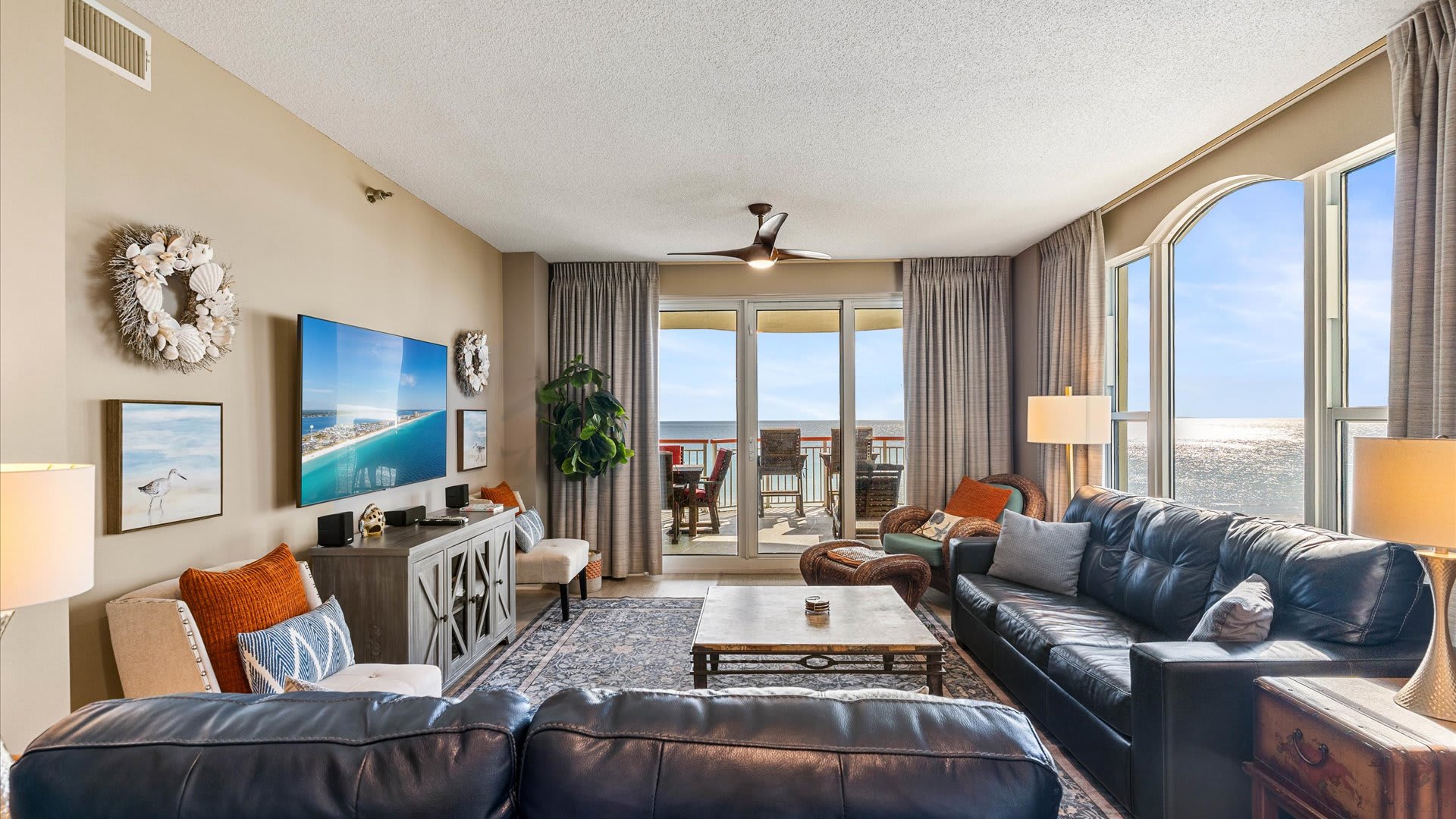 Spacious living room with 65" smart tv with DirectTv