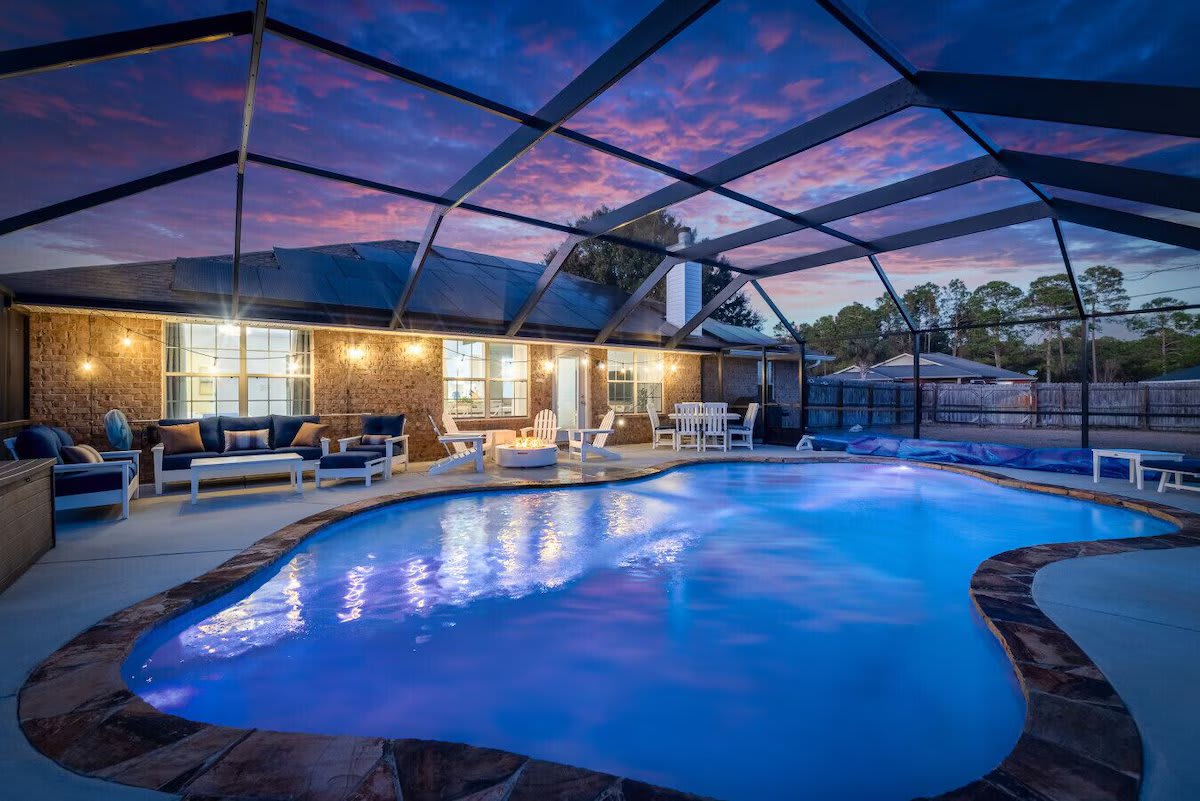 Relax on the Polywood sofa set, adirondacks, or outdoor dining table with seating for 8.