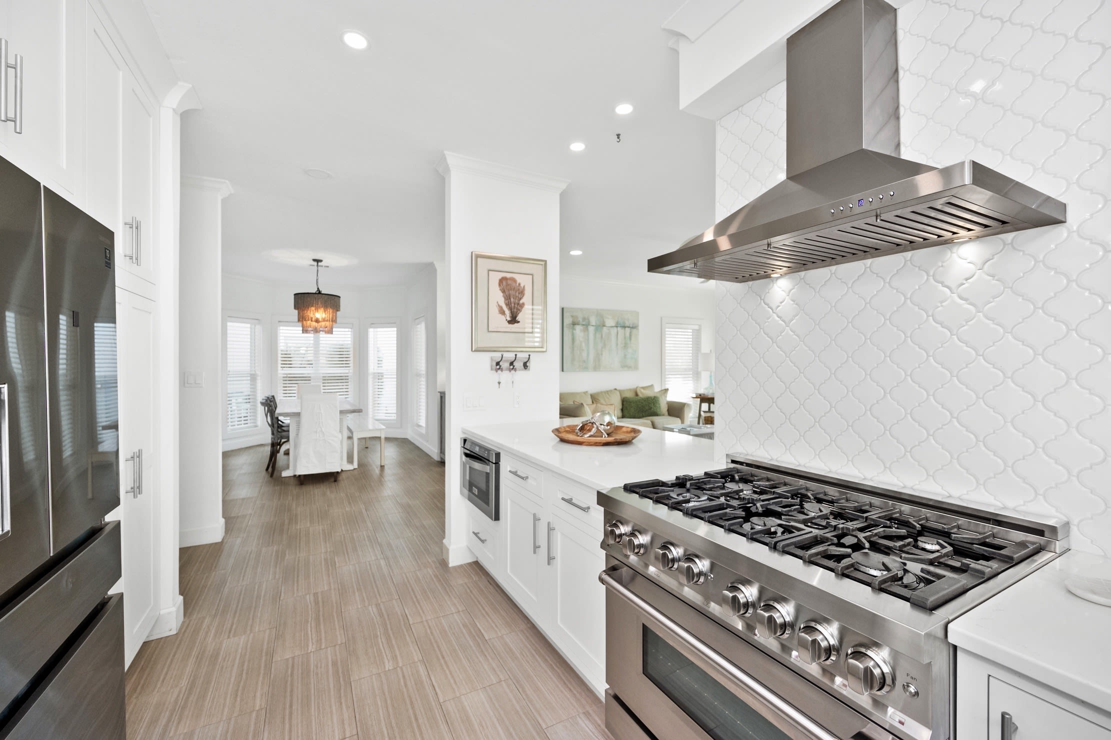 Updated kitchen is open to living and dining areas.