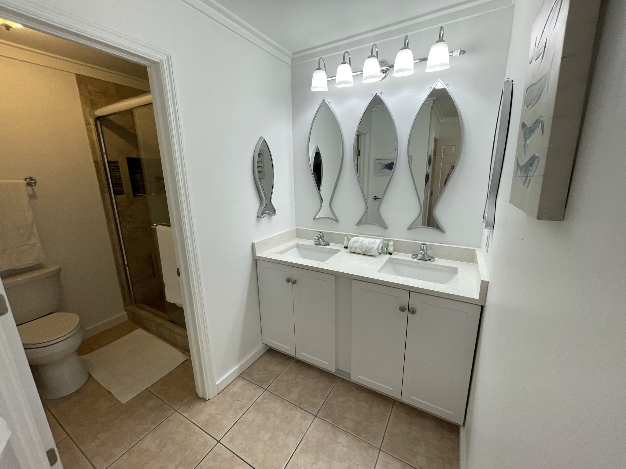 Master bathroom - completely new double vanity and fishy mirrors