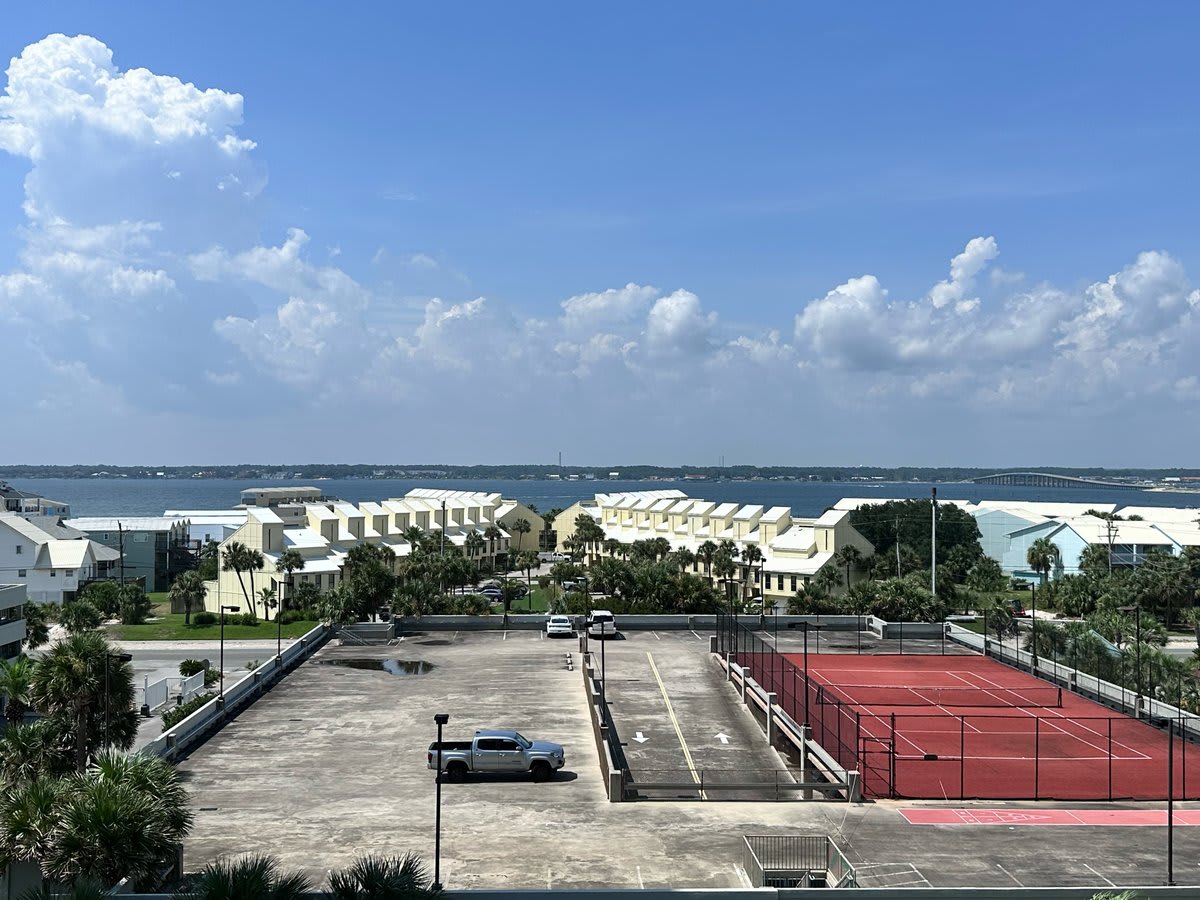Garage rooftop tennis, pickleball, shuffleboard &amp; cornhole. Overlooks The Sound