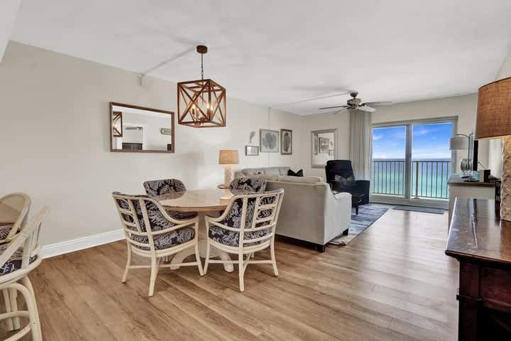 Dining table seats 4. There is additional seating at the counter.