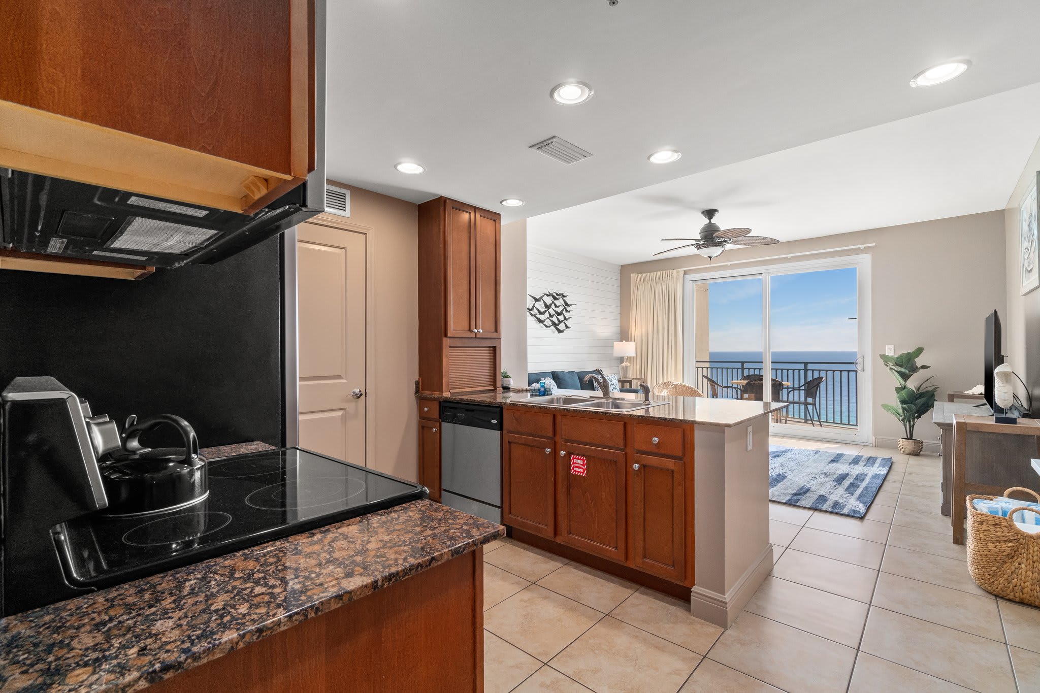 Kitchen with a view of the balcony.