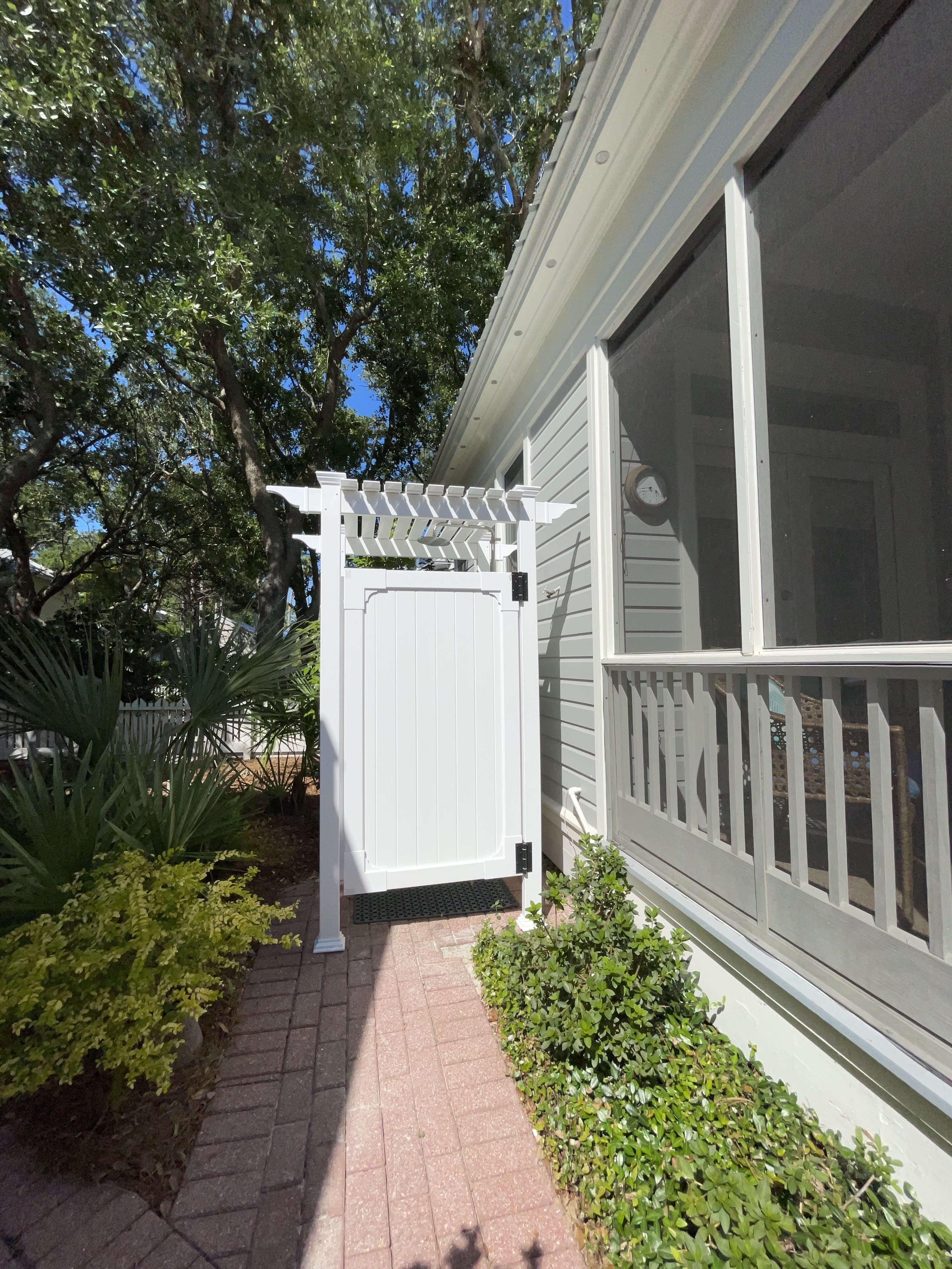 Enclosed outdoor shower, with hot/cold water