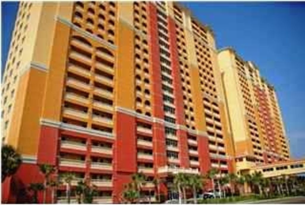 Calypso resort with encolsed walkway over street to parking structure