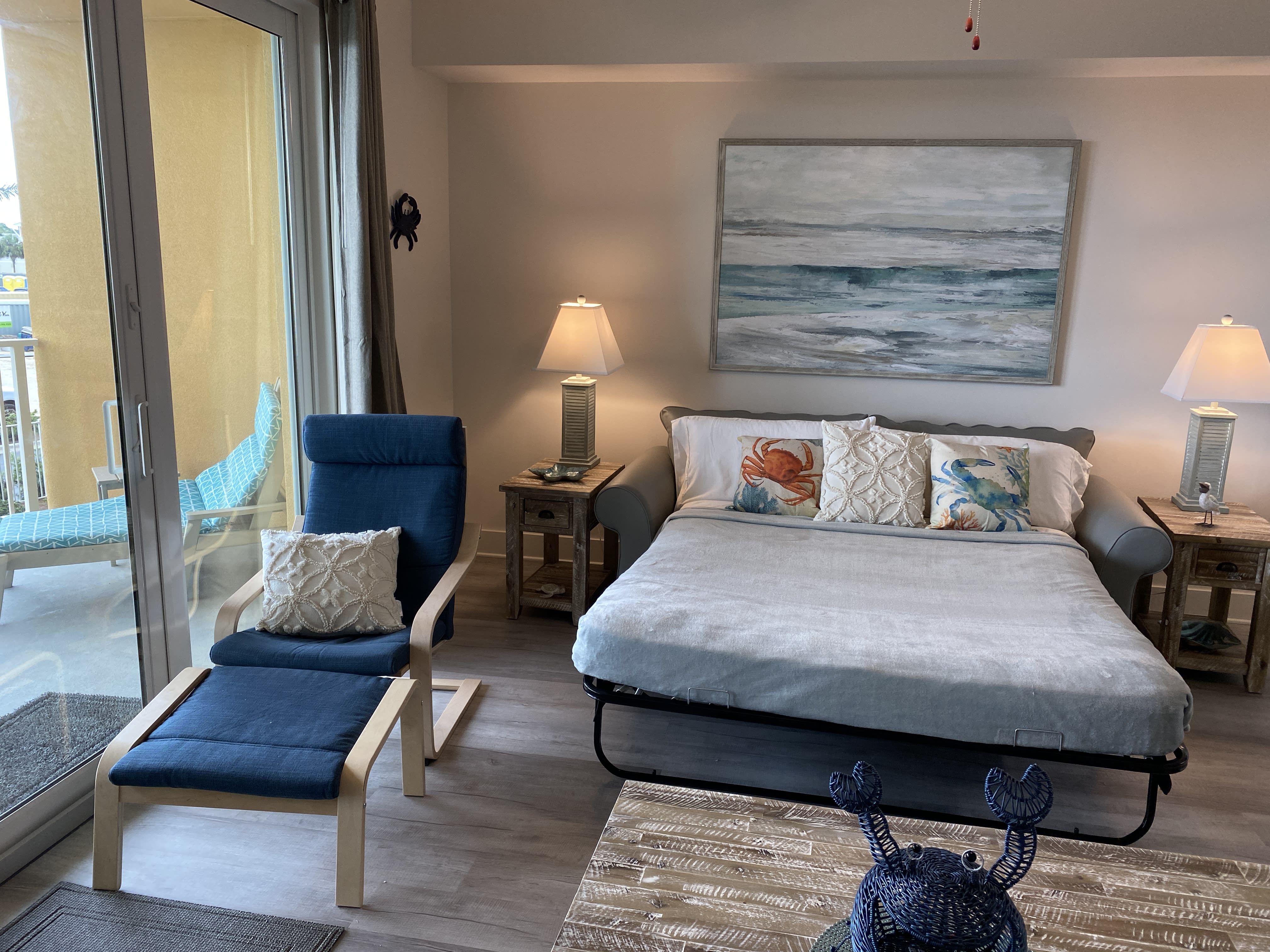 Queen sleep sofa turns the great room into a comfy guest bedroom at night!