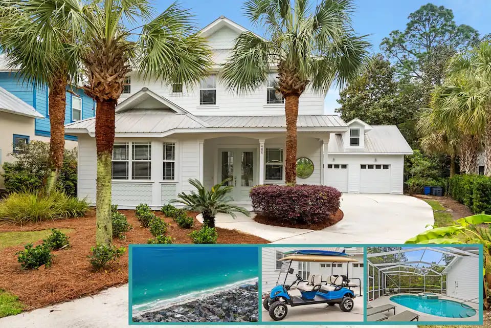 Vibe-1 Designer renovated Vibe offers a quiet cul-de-sac location with a large 7 bedroom sleeping capacity complete with private pool and hot tub. Take a two minute ride on the free 6 seater golf cart to the sugar sand beaches of 30A!