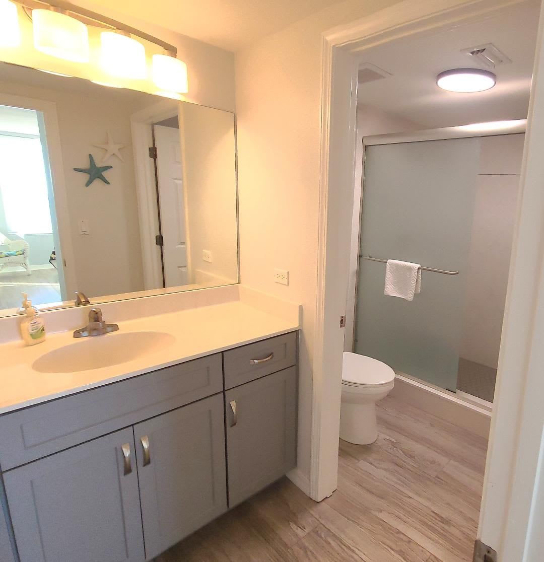 Updated master bath with walk-in double shower.