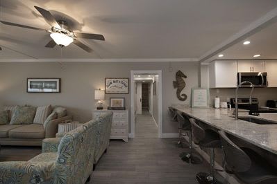 There are four seats off the kitchen counter for easy dining. 