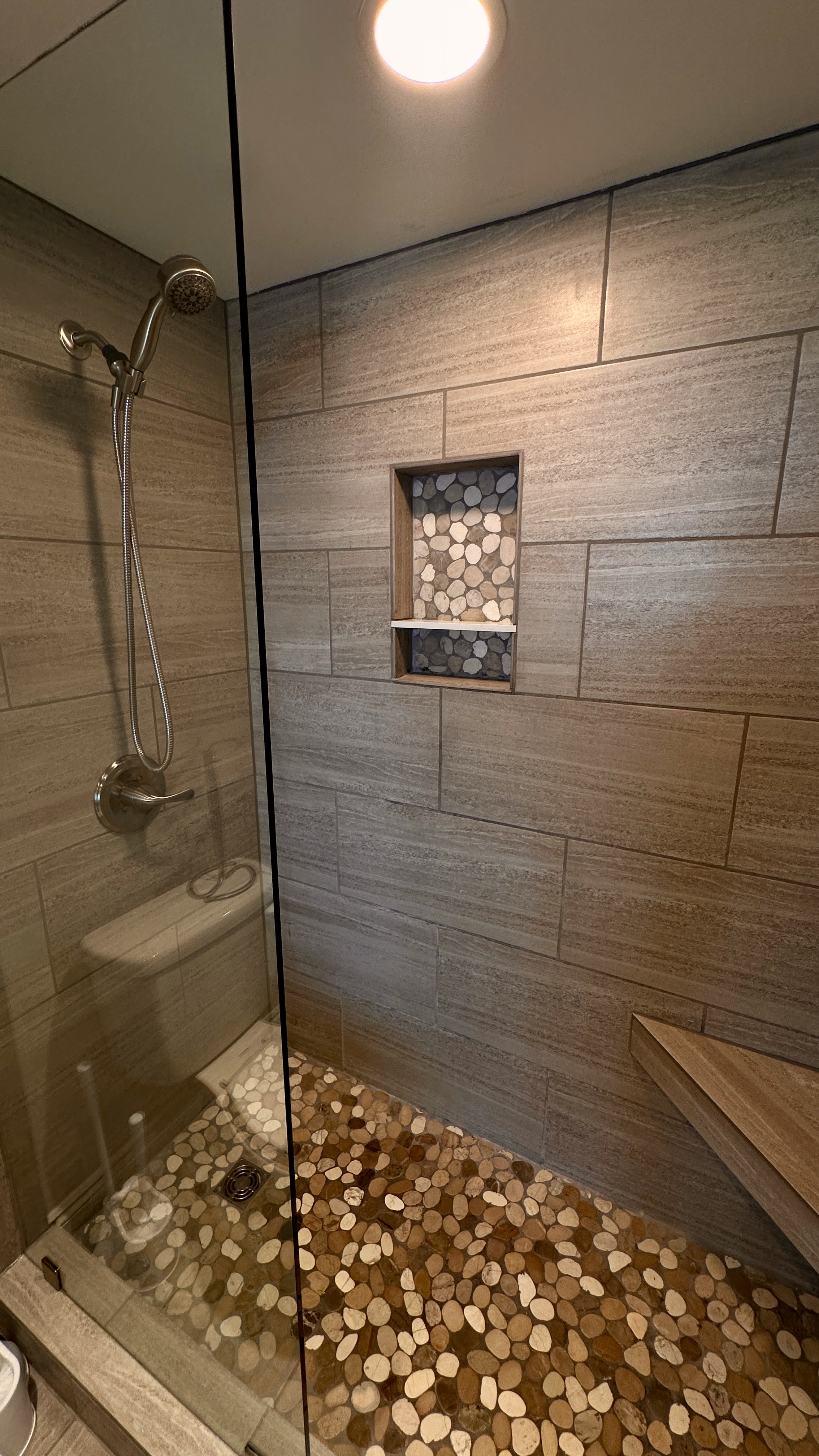 Master bathroom walk in tile shower