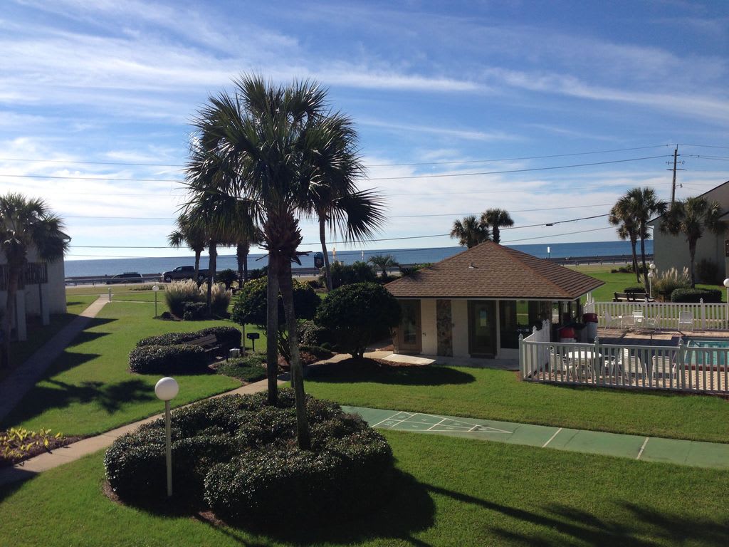 View from the 3rd floor balcony towards the Gulf of Mexico and the pool