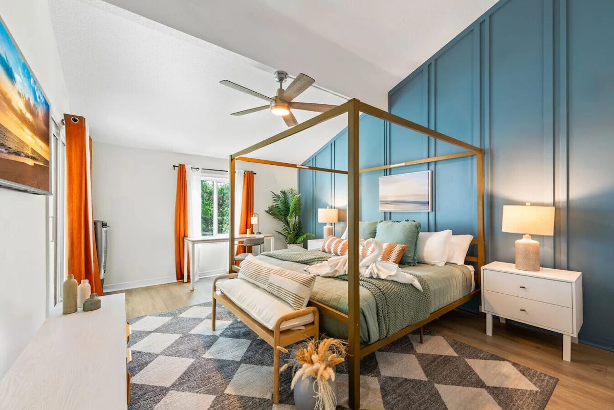 Escape to serenity at Seabreeze Villa ðŸŒŠ Unwind in this coastal chic bedroom, where soothing hues and cozy textures invite you to relax after sun-soaked adventures. Your beachside retreat awaits&mdash;reserve your stay today! ðŸ›ï¸âœ¨