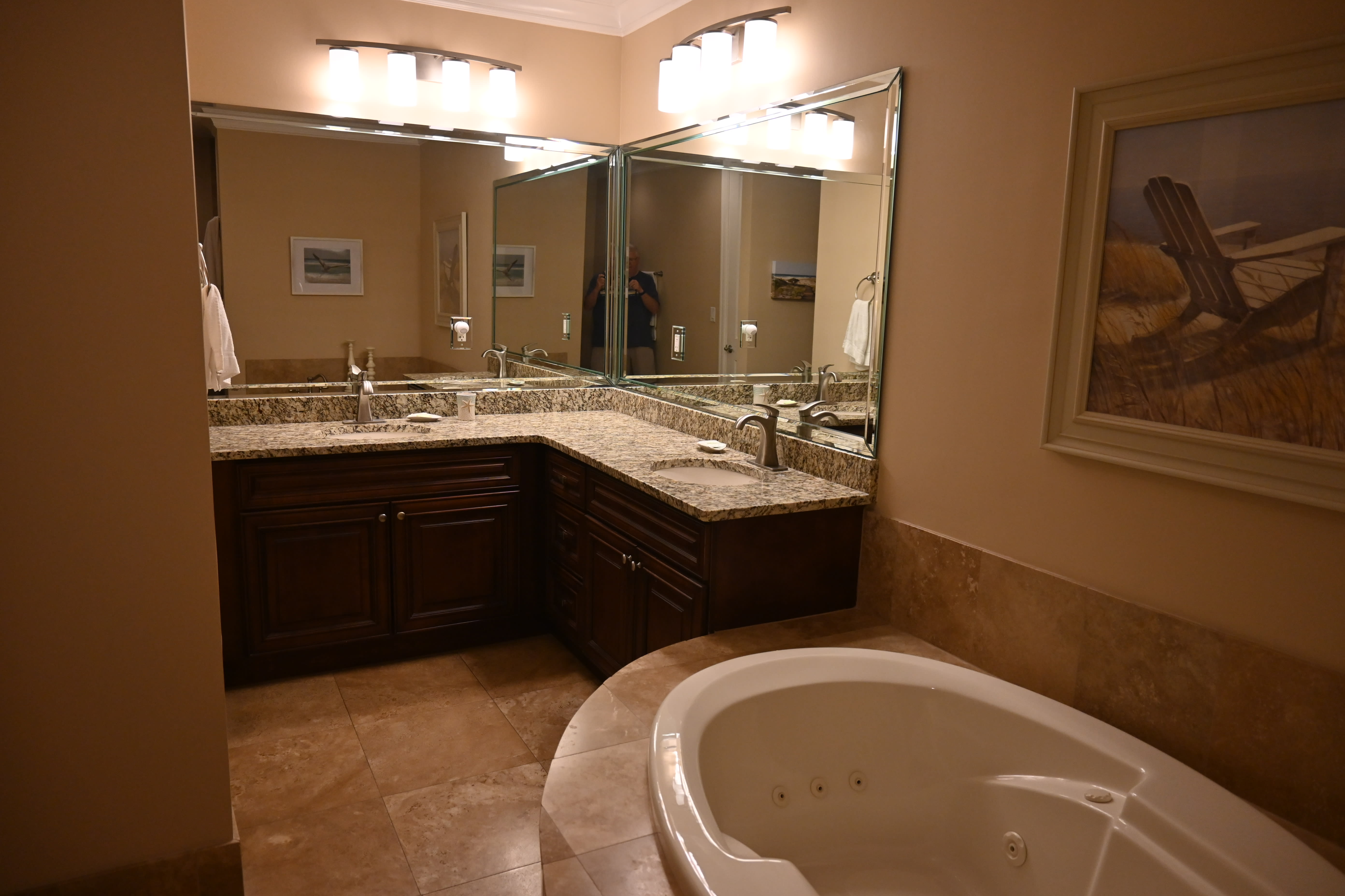 En-Suite Master Bath,, 2 Sinks, Whirlpool Tub, Travertine Walk-In Shower.