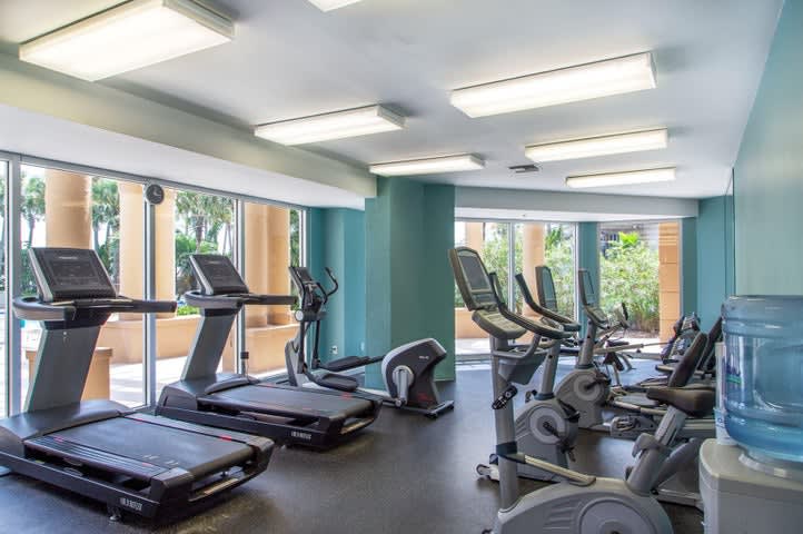 Adult Fitness Center faces the pool