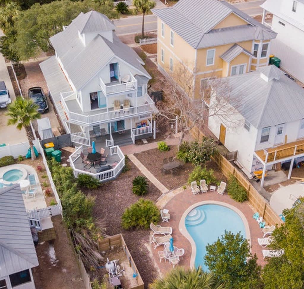 Birdseye view of the beach house and huge backyard area.