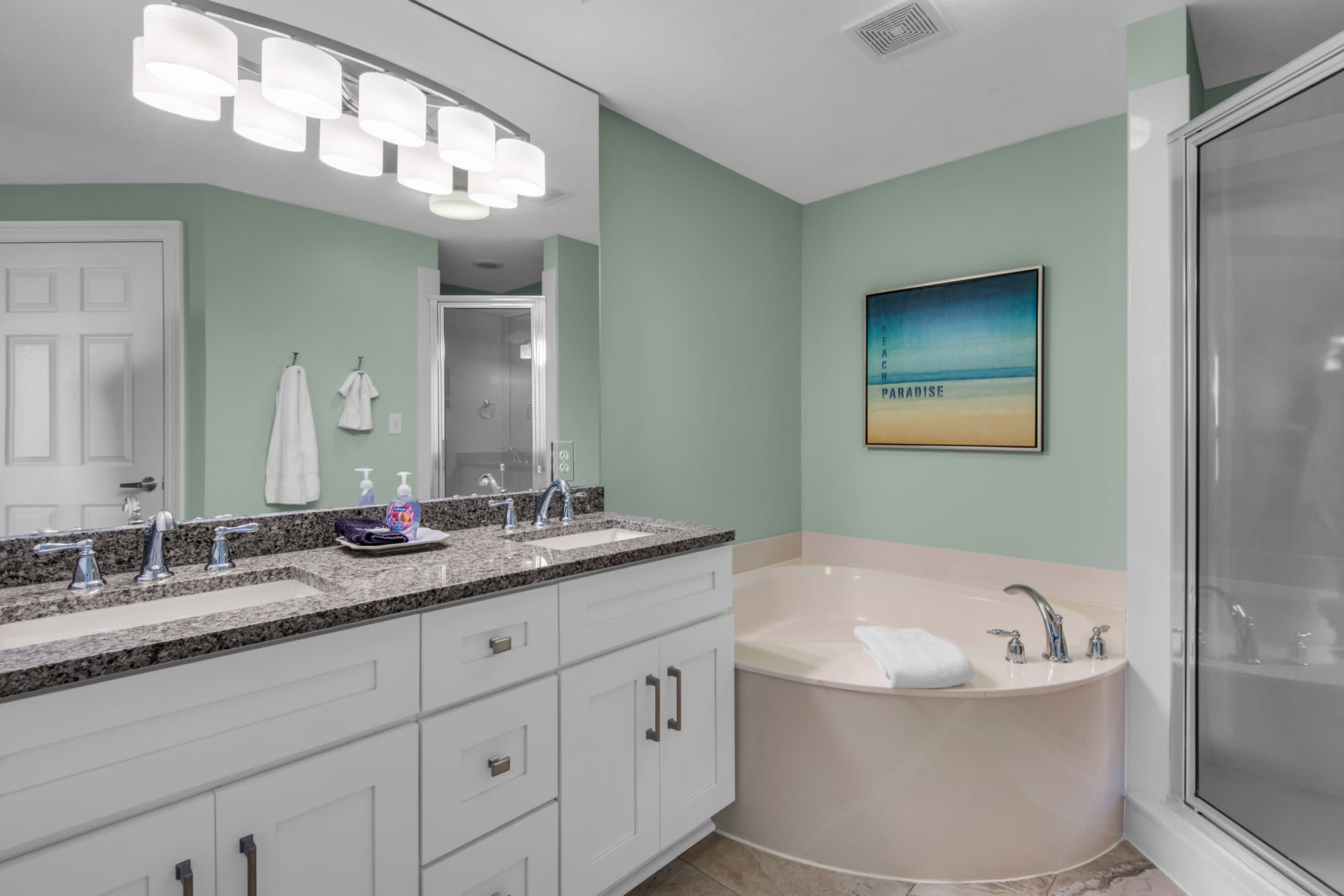 Master Bathroom has 2 sinks, Garden tub, Walk-in shower &amp; private commode room.