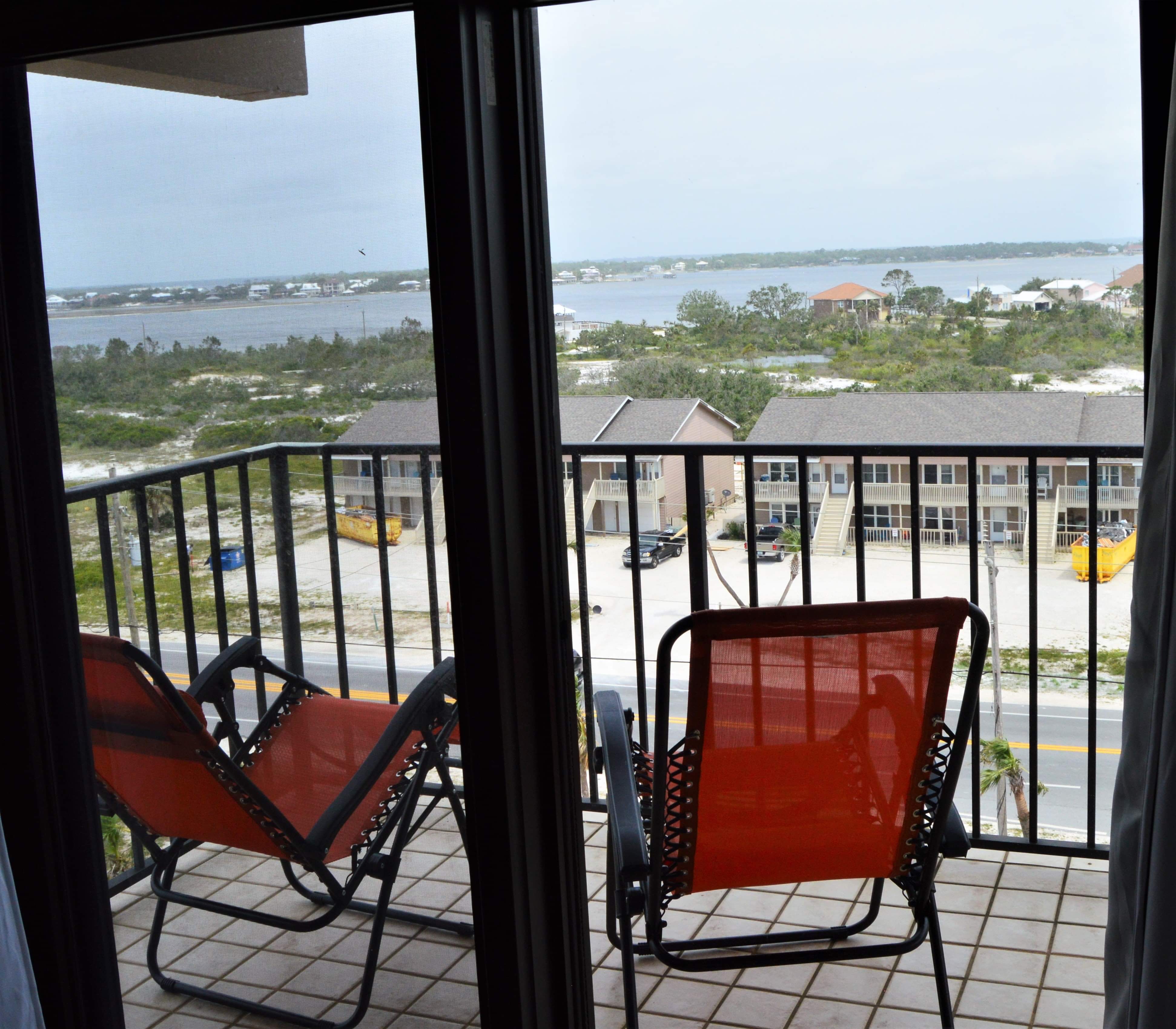 Huge private balcony off master bedroom with views of bay.