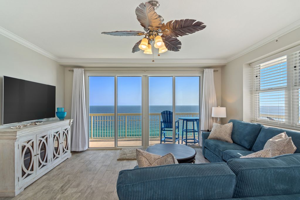 Ocean view from living room and a large screen television!