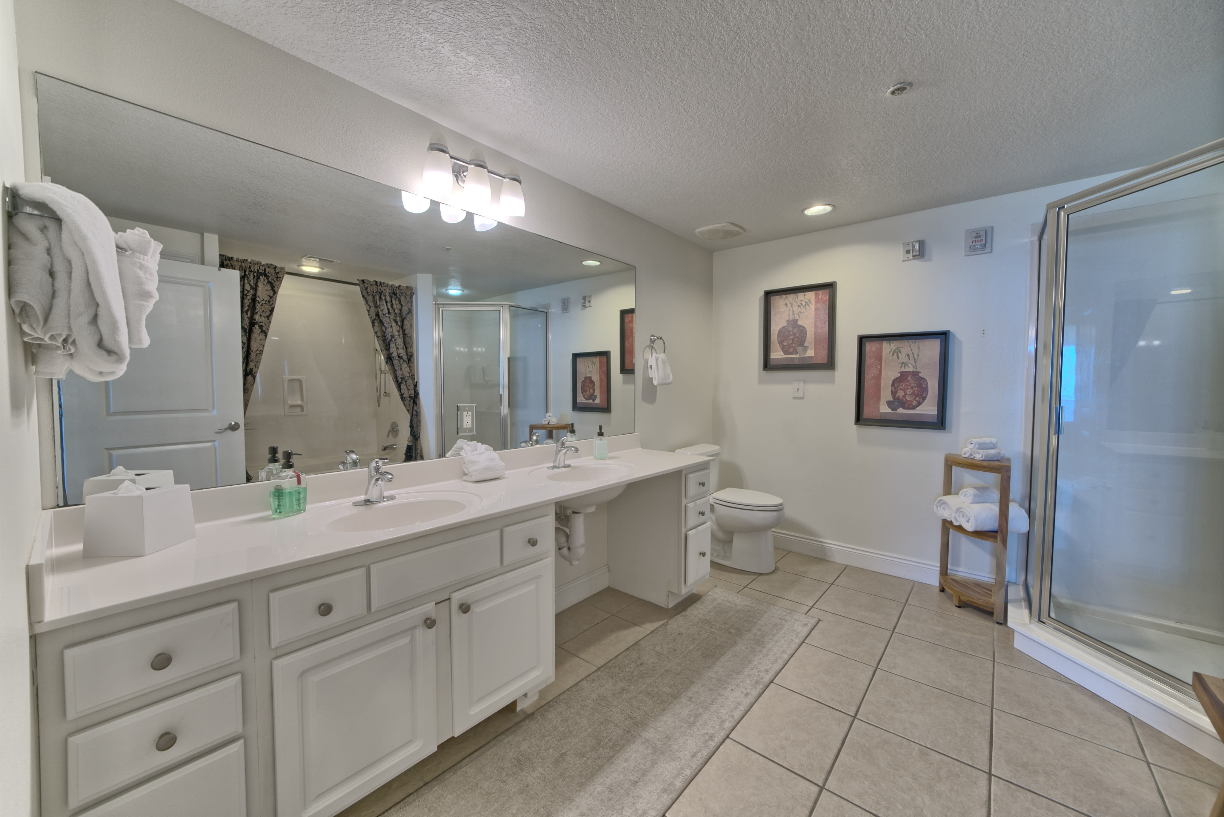 Dual vanity with walk in shower