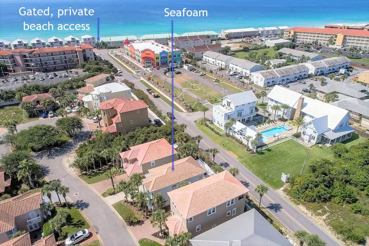 Seafoam-11 Just a block and a half to the gated, private beach. Only a 3 minute walk...even less in the free included golf cart.