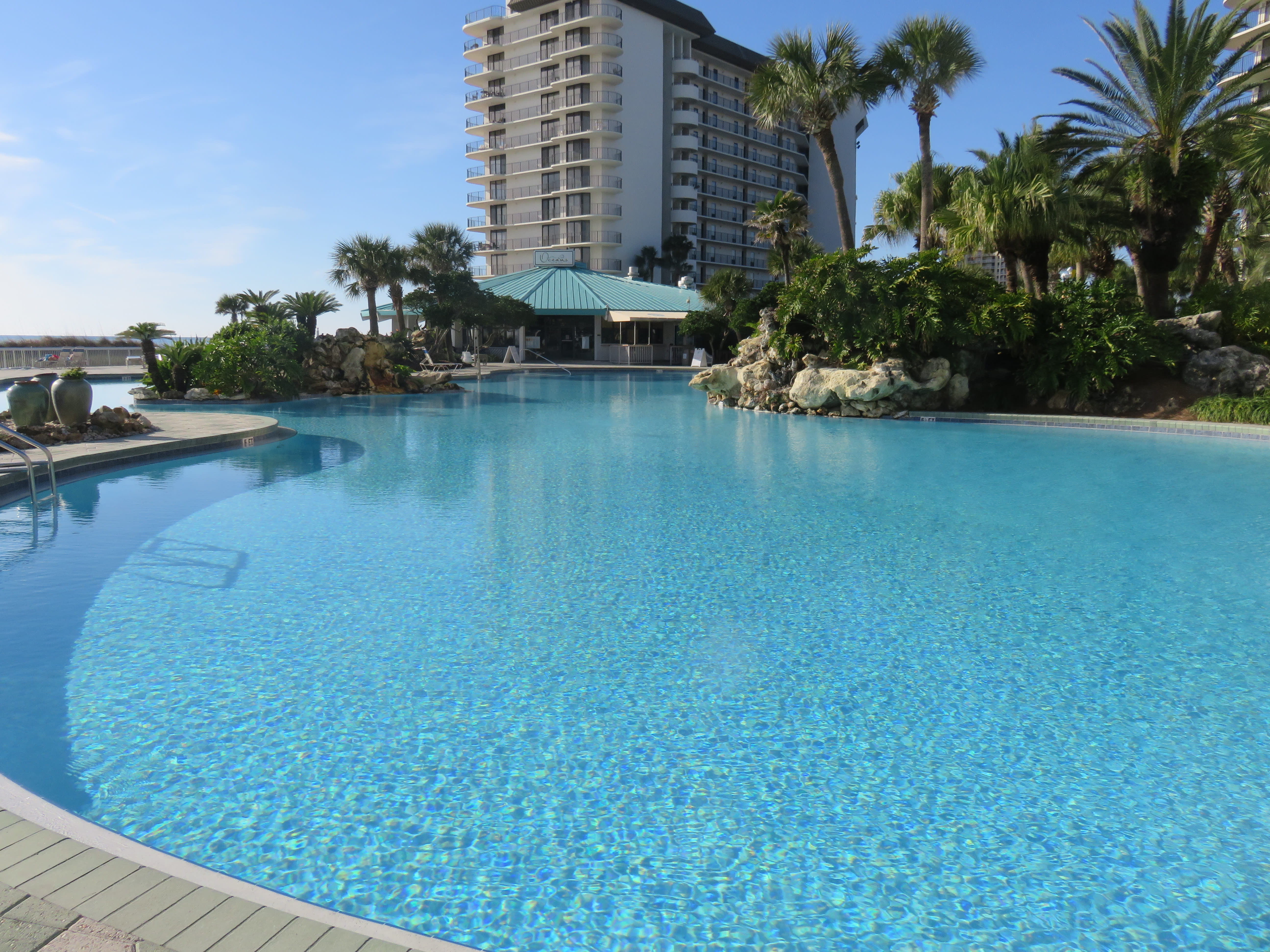 Lagoon pool with waterfalls, handicap access, hot tubs near by &amp; cabana rental