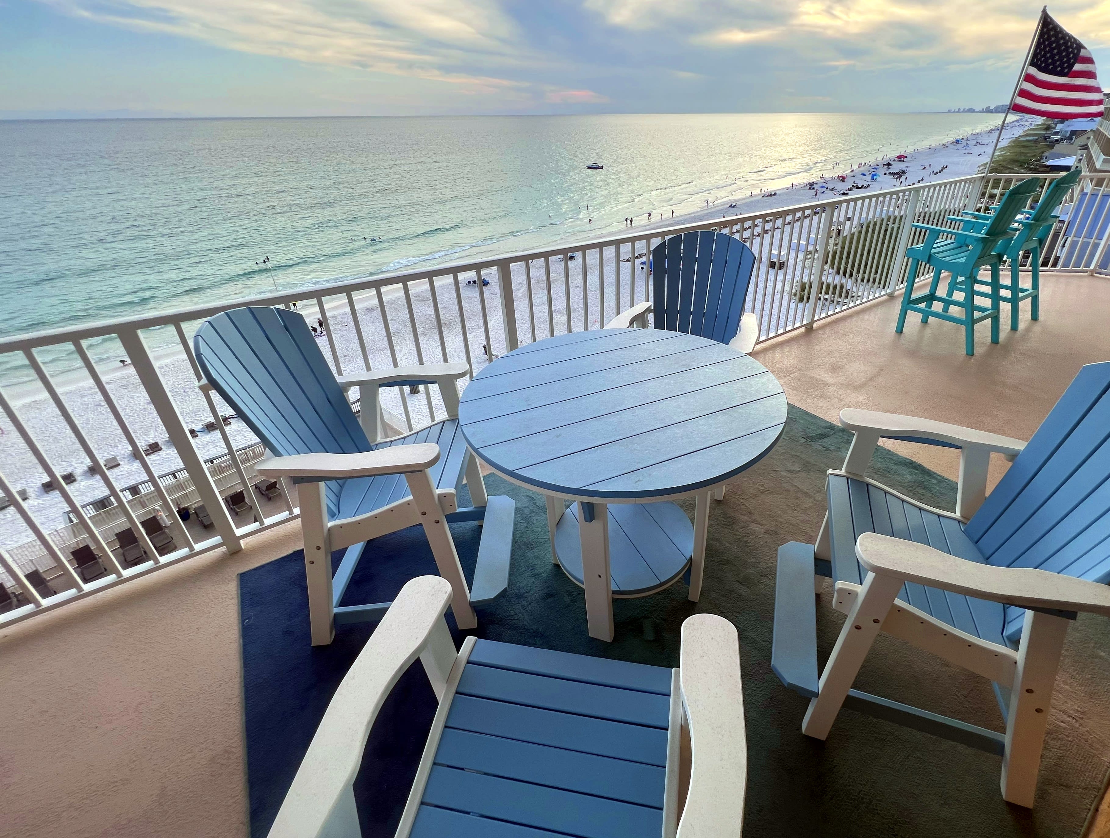Pollywood Captain Chairs &amp; Tables on our wrap around balcony with Gulf view