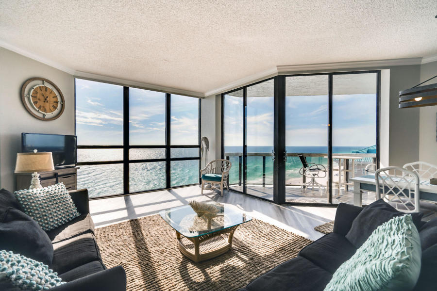 This condo has panoramic views & balcony that runs the length of the condo