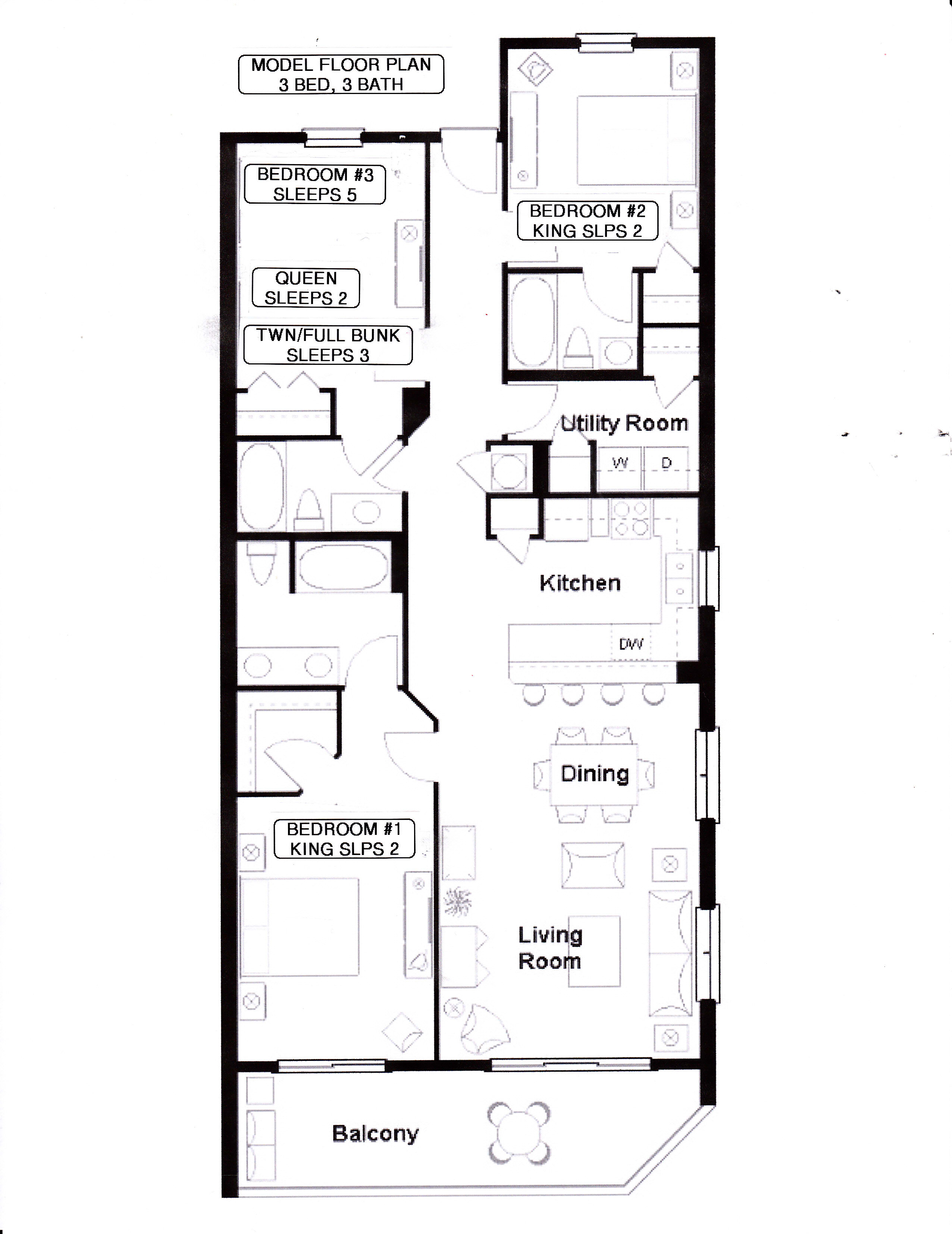 Room floor plan of our 3 bedroom 3 bath condo. Furnishings differ.