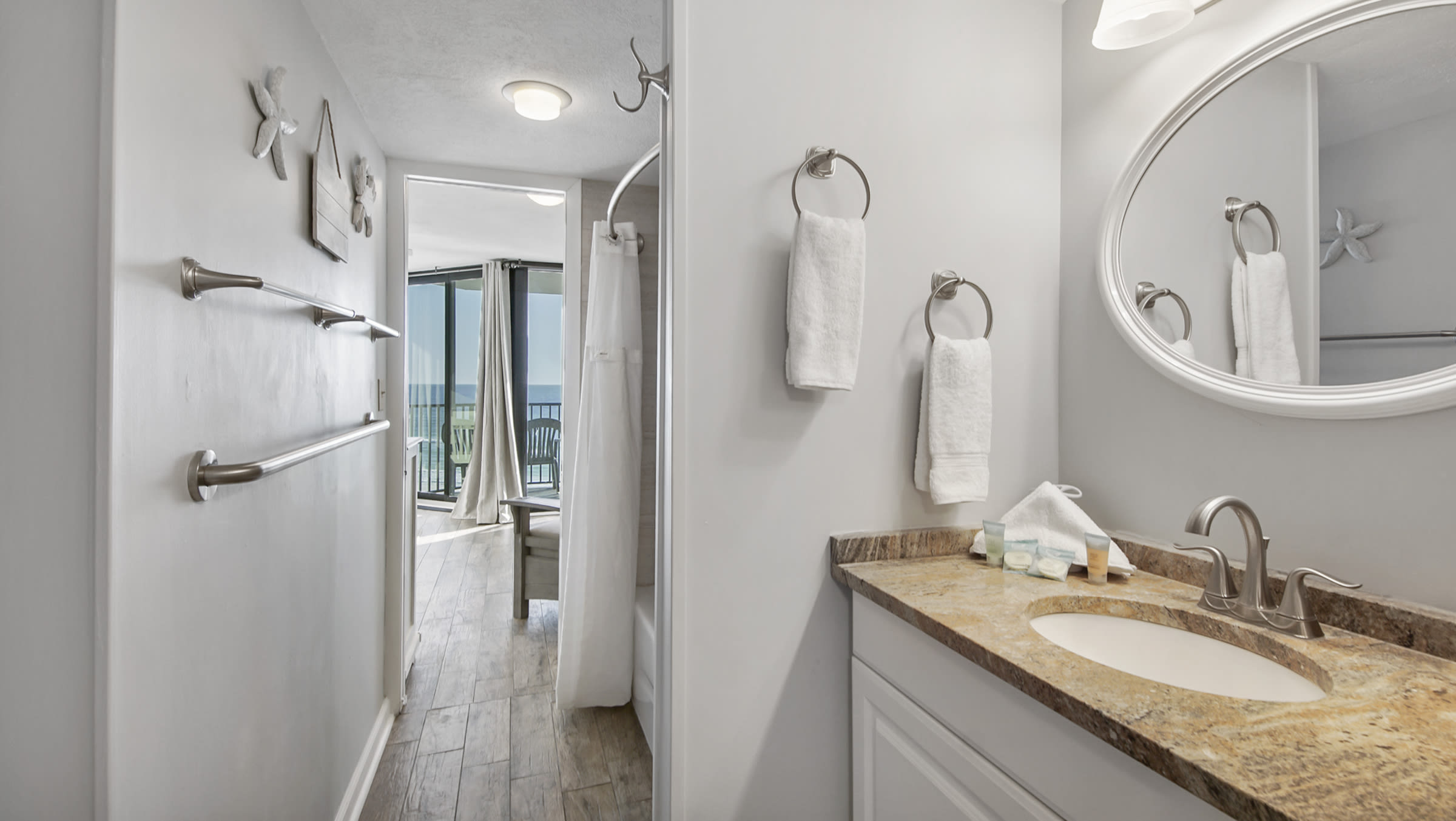 Bathroom door moved to provide view from bedroom