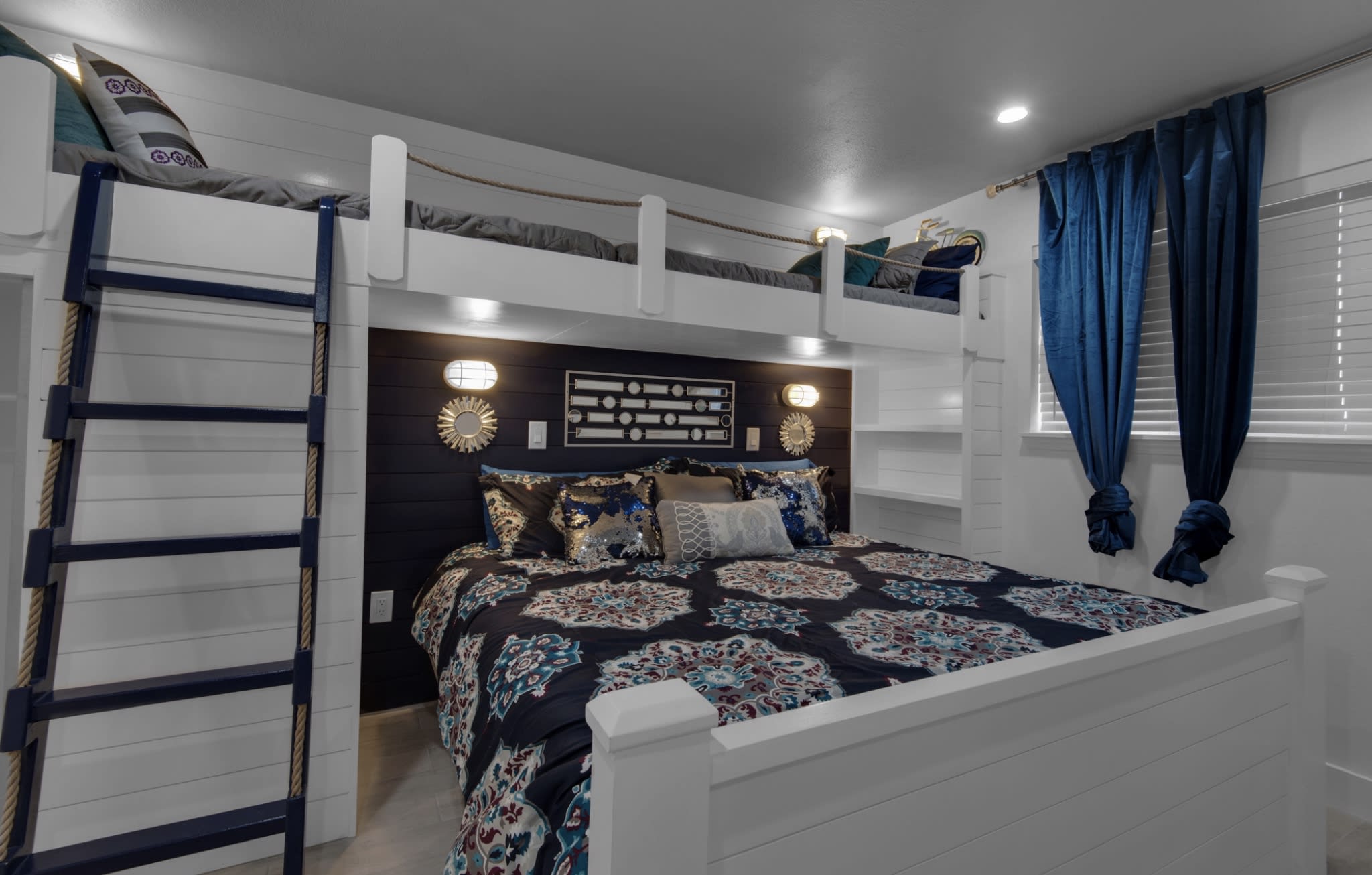 Custom king bed with twin over twin bunks