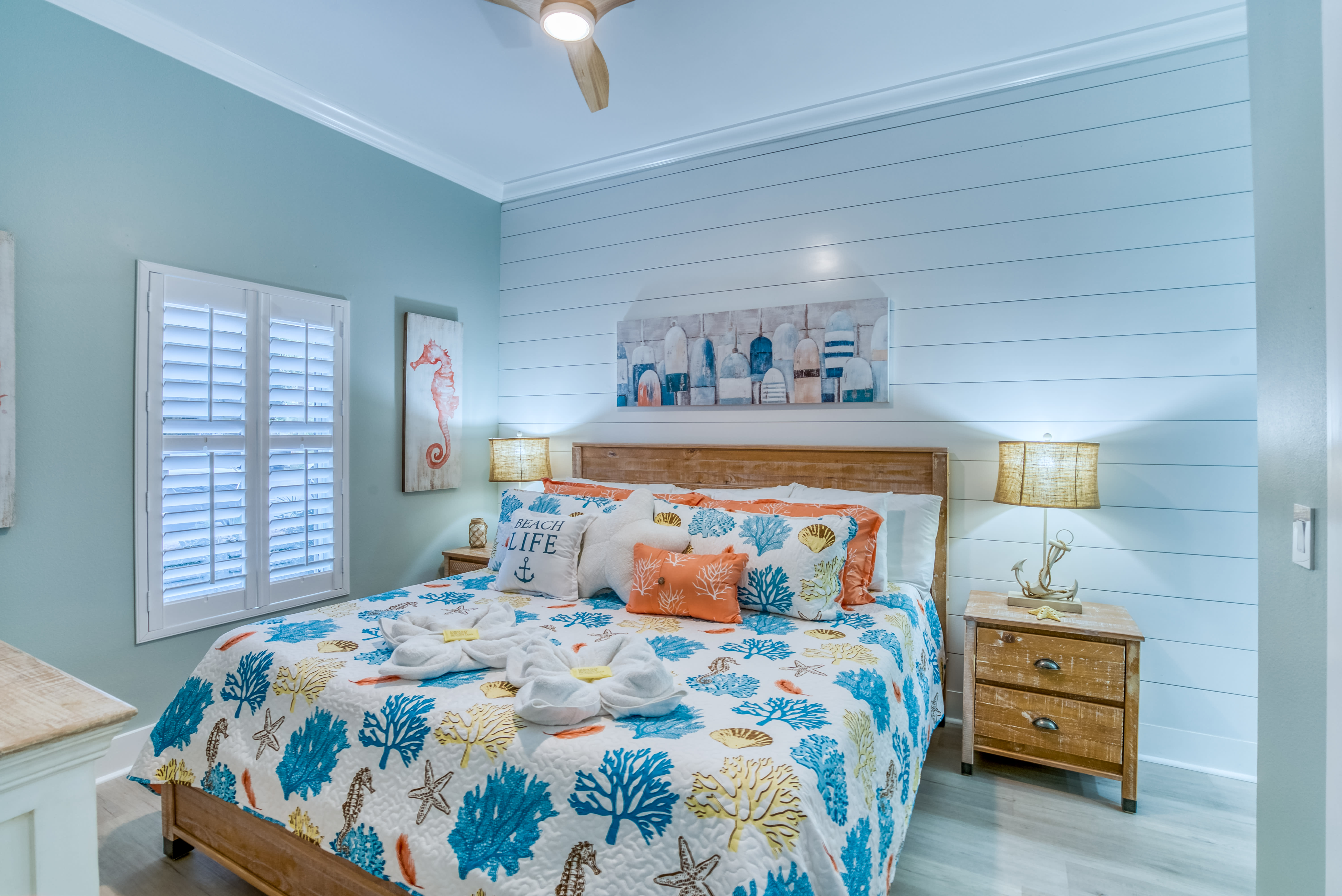 Master Bedroom- King Bed w/ Coastal Shiplap Accents, Private Bath, Smart 55 TV