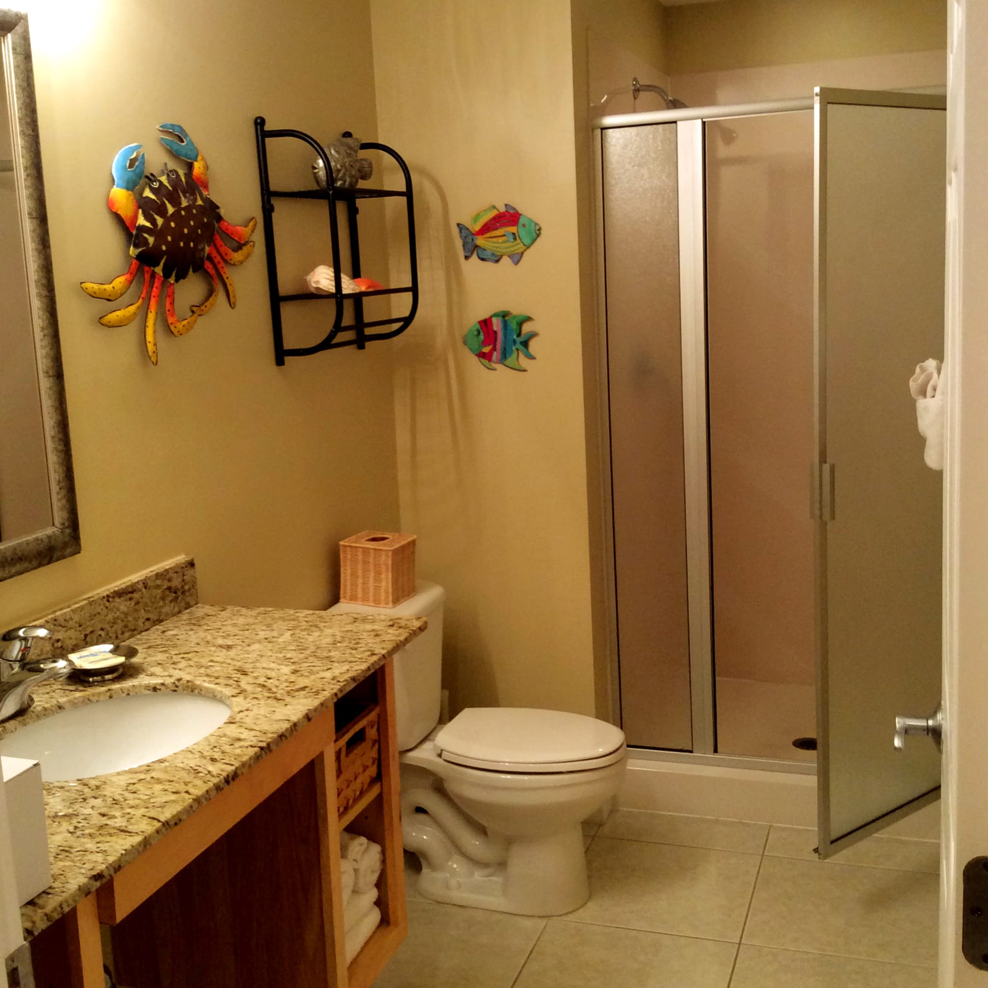 Guest bathroom with shower, granite counter.