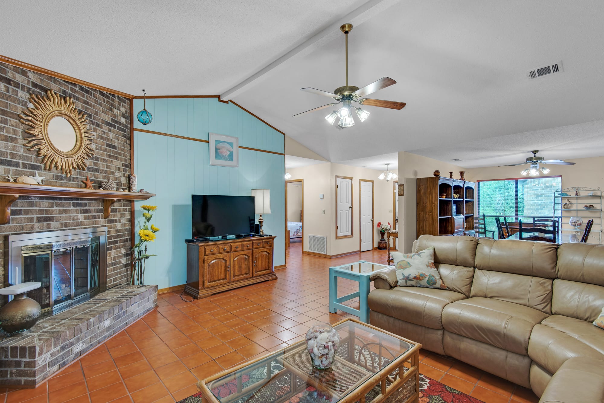 Large open living room with TV