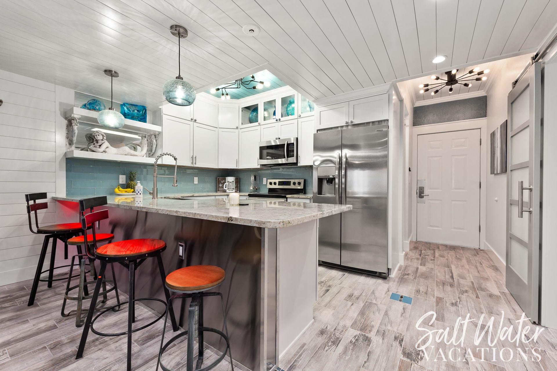 Kitchen counter sitting area with color changing LED lighting 