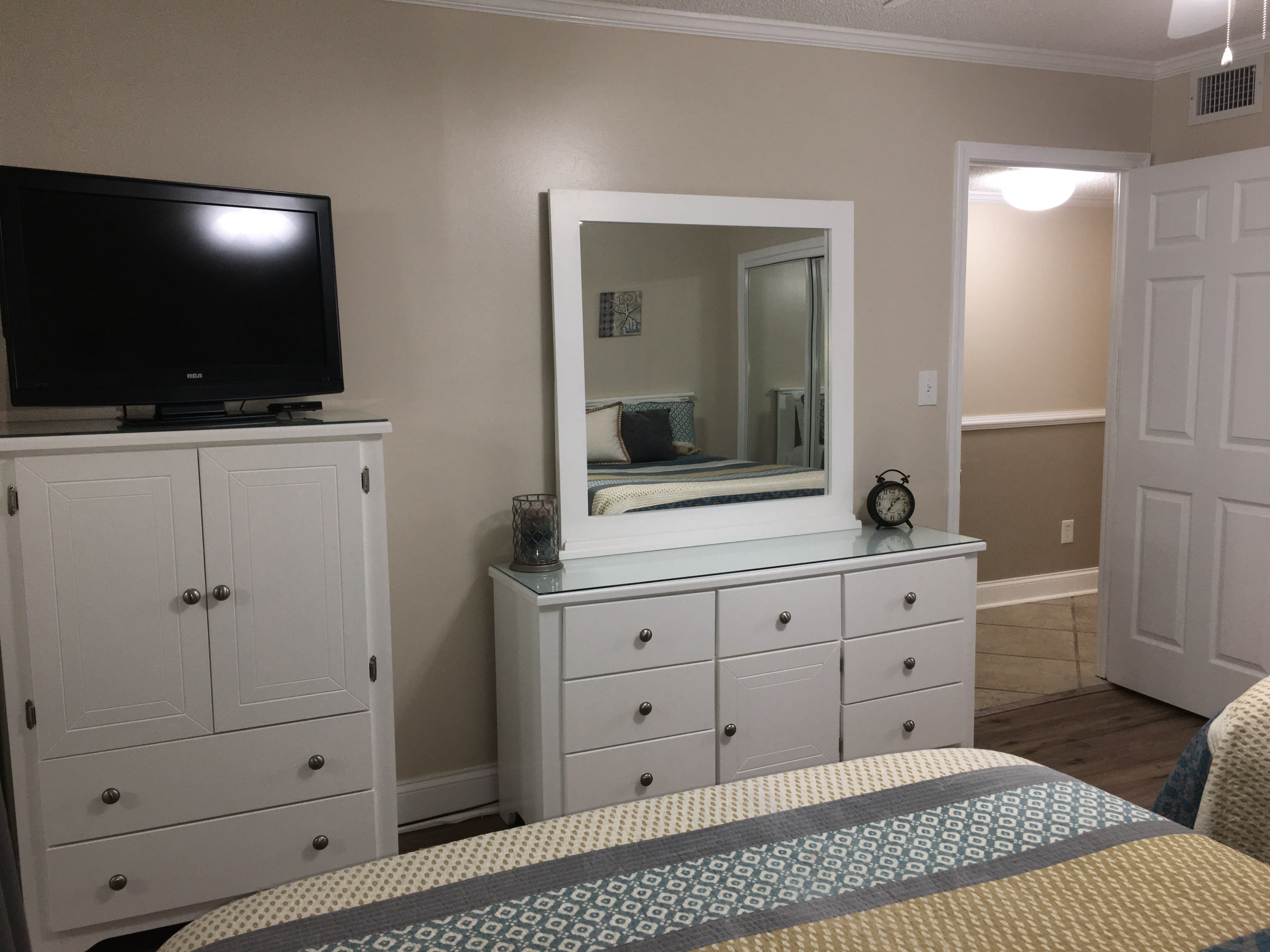 Plenty of storage space and nice sized bedroom TV.