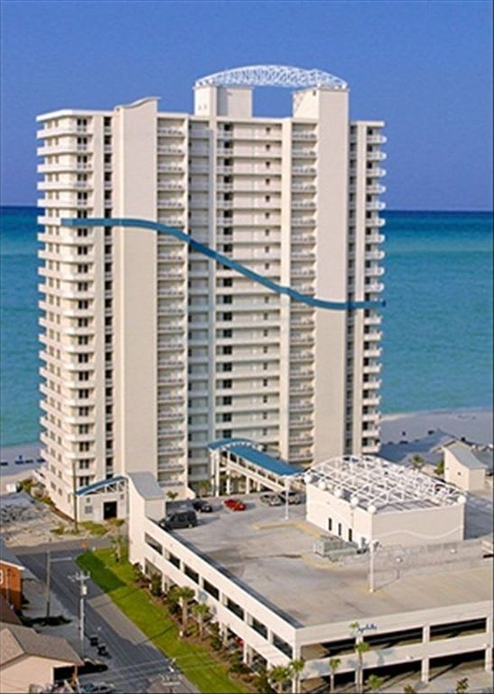 the Seychelles complex, with parking garage in foreground