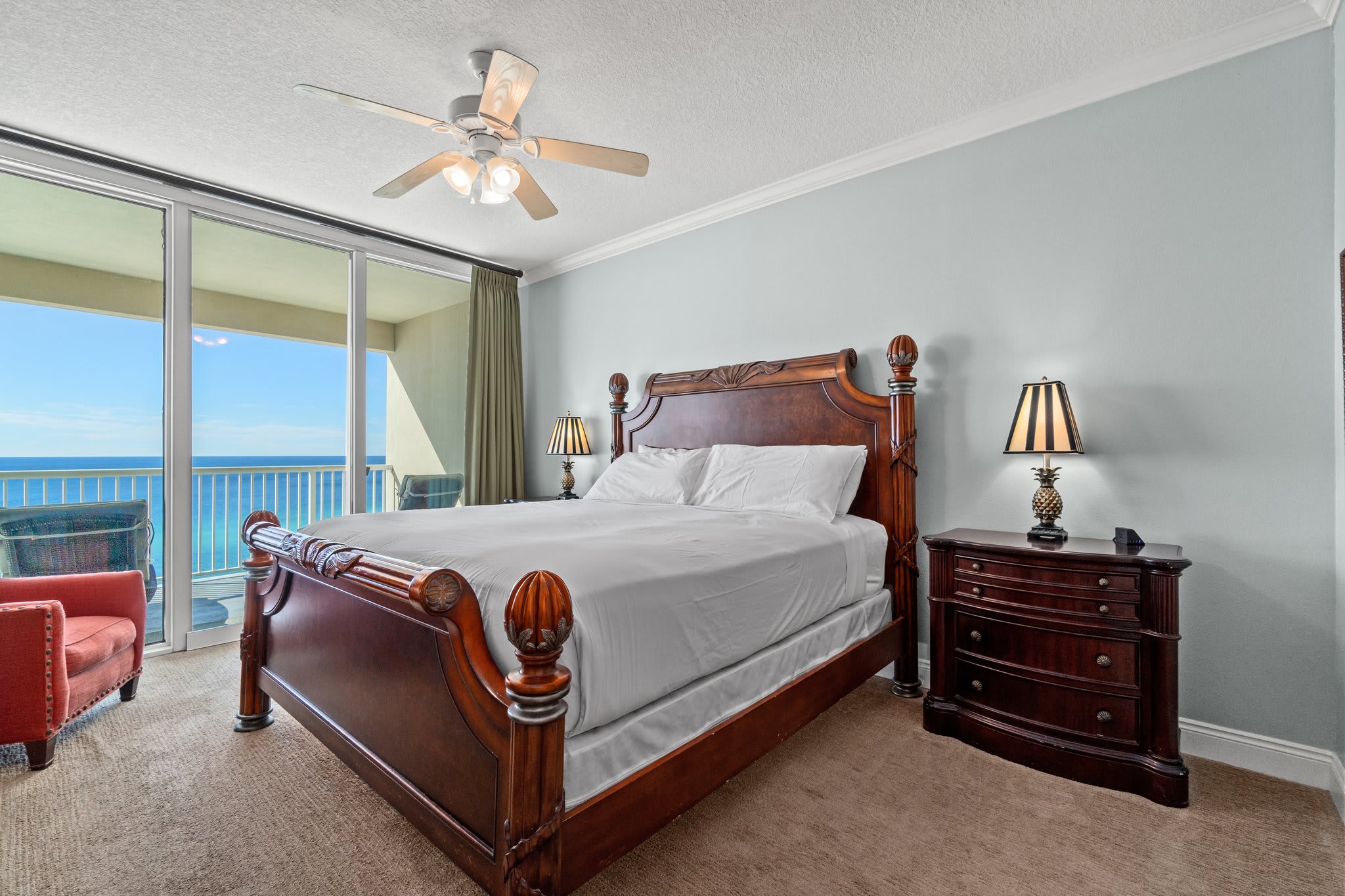 Master bedroom with king bed.  Access to the balcony and view of the ocean