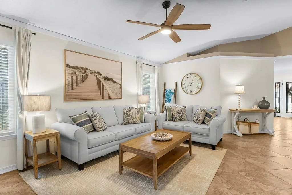 A queen-size sleeper sofa offers an additional sleeping space.