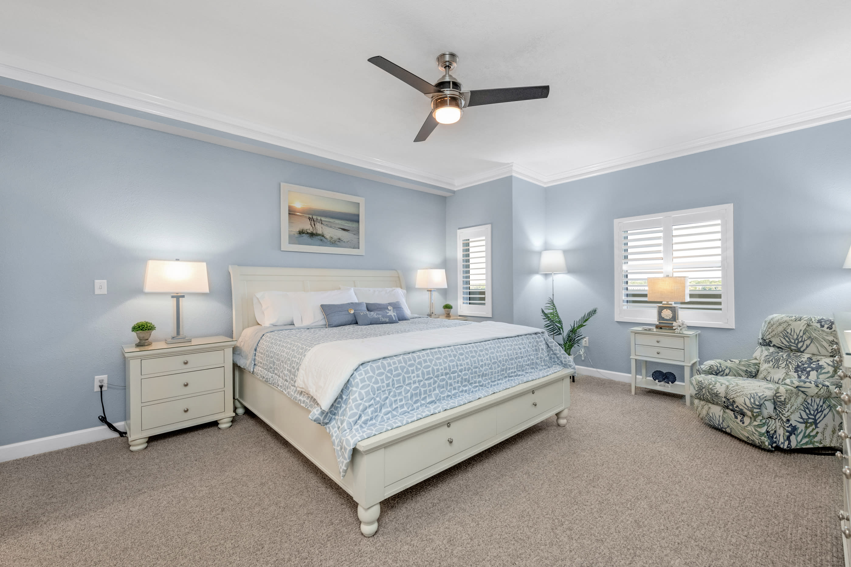 Master bedroom with a King bed.  A perfect place to read and unwind. 