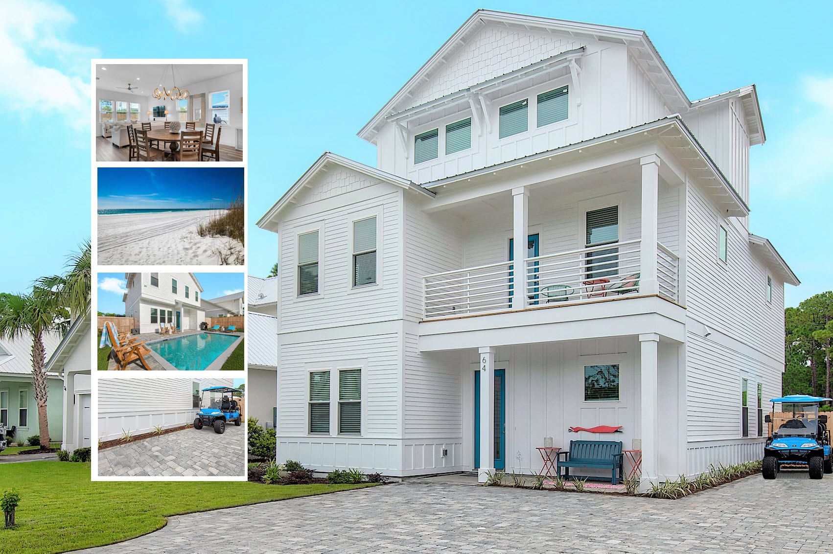 Bliss-1 brand new 2022 beach home with designer coastal chic decor. Set in a quiet, gated neighborhood. Yet just a fun 4 minute golf cart ride to Destin and Miramar Beach's biggest and best sugar sand beaches, ocean-view restaurants, shops