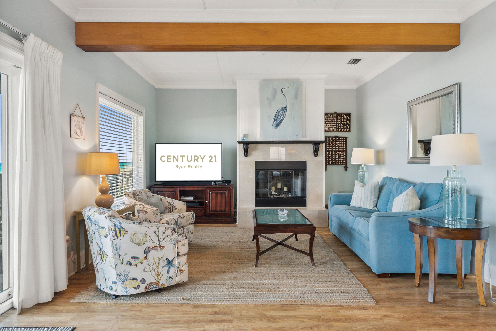 Living room with fireplace and smart tv