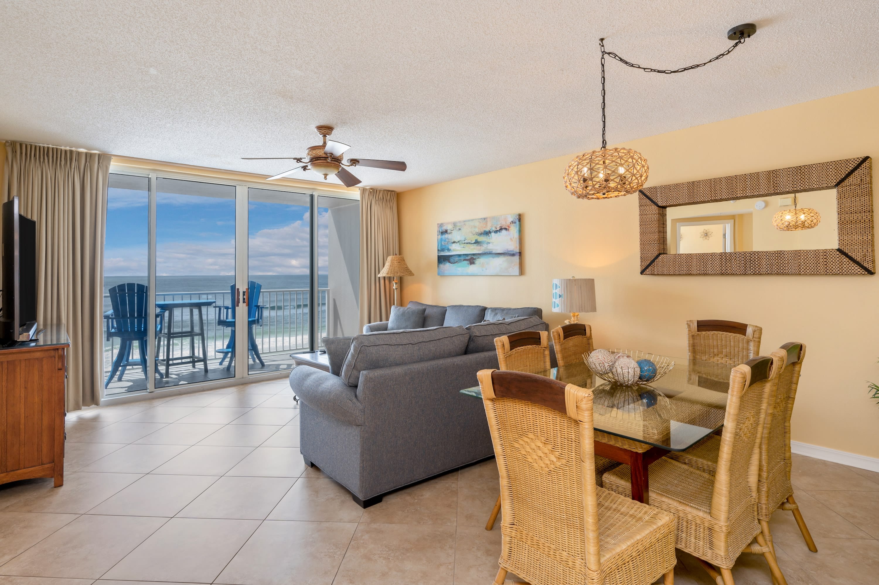 Dining area seats six - plus three barstools