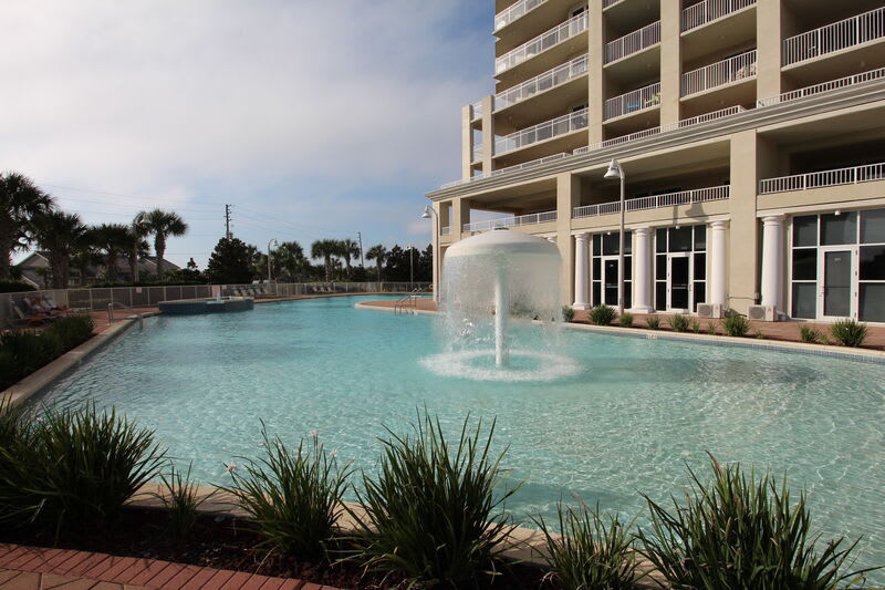 Pool area with mushroom fountain