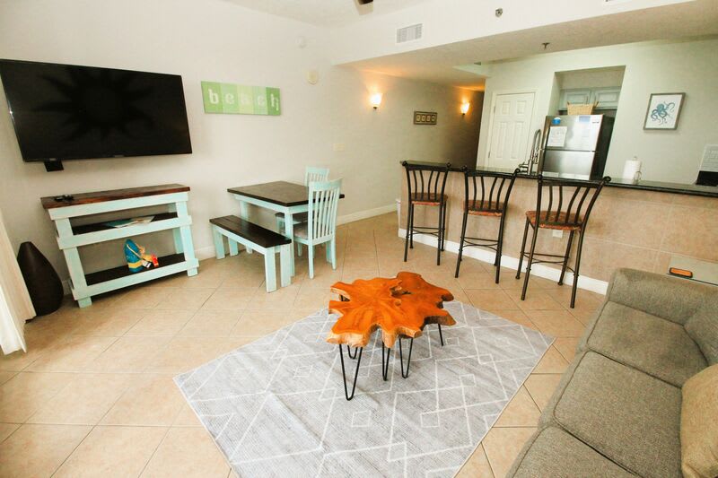 Spacious living room with new 55 inch smart TV