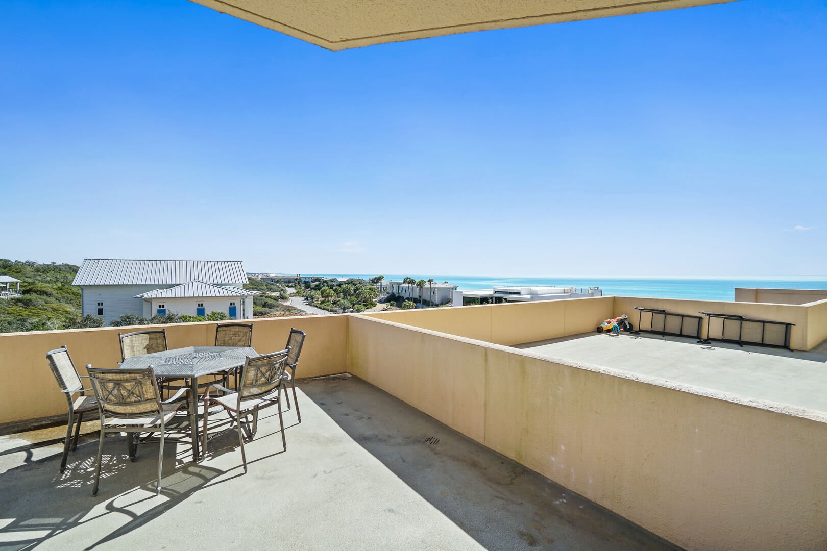 Step out on to your 4th floor balcony for a view of the beautiful Gulf and surrounding neighboring landscape. Table and 6 chairs for dining if you prefer outside entertaining.