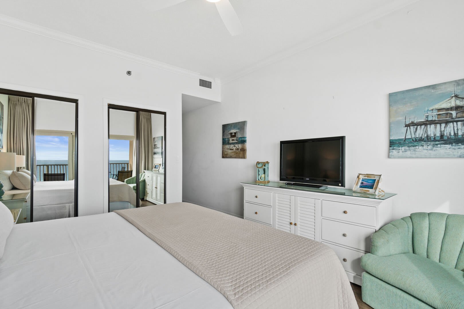 The master provides a full dresser and 2 closets for your clothes and necessities. The flat screen provides you the opportunity to catch up on the news or watch your favorite TV shows. Just a few steps away is your Master Bath.